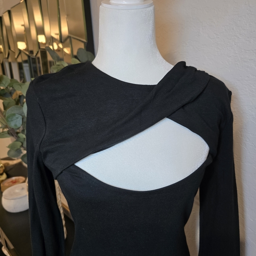 Halston Heritage Shirred Keyhole Black Mini Dress cocktail elegance Size 10 - Picture 2 of 9